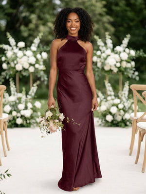 Satin Mermaid Halter Long Bridesmaid Dresses