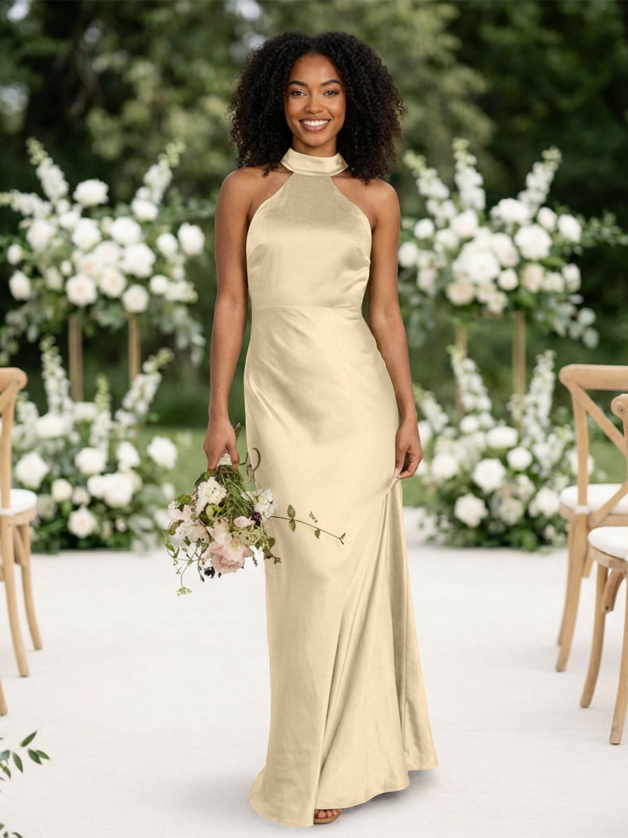 Satin Mermaid Halter Long Bridesmaid Dresses