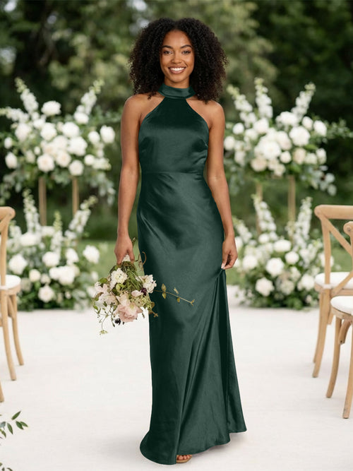 Satin Mermaid Halter Long Bridesmaid Dresses