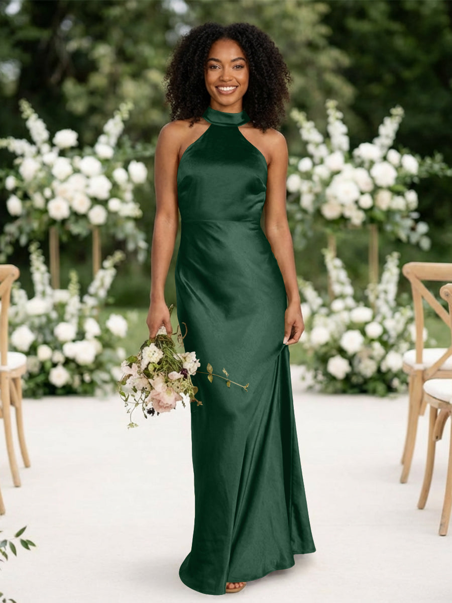 Satin Mermaid Halter Long Bridesmaid Dresses