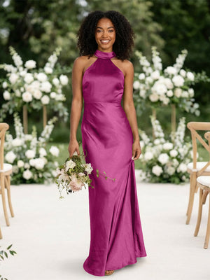 Satin Mermaid Halter Long Bridesmaid Dresses