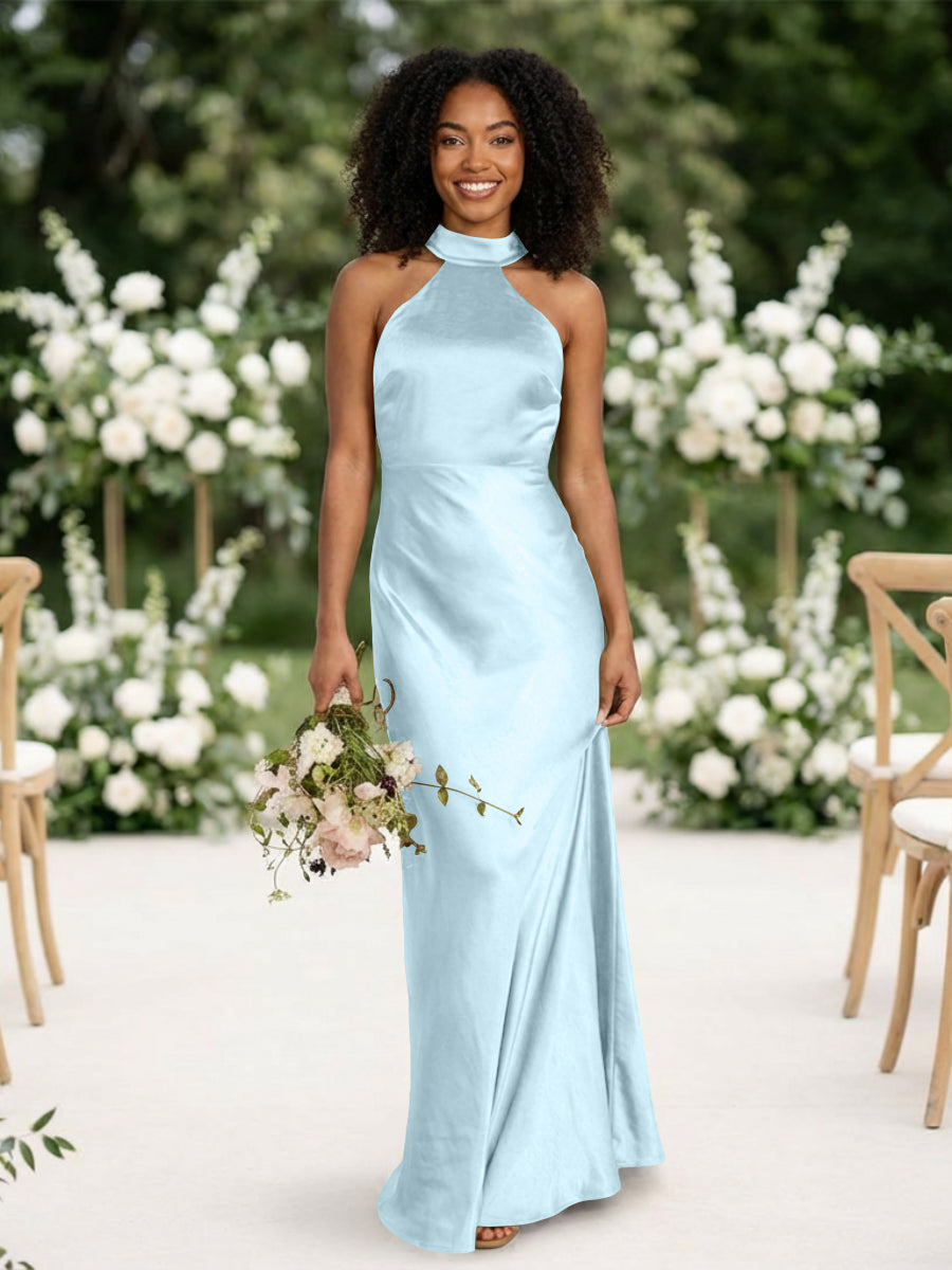 Satin Mermaid Halter Long Bridesmaid Dresses