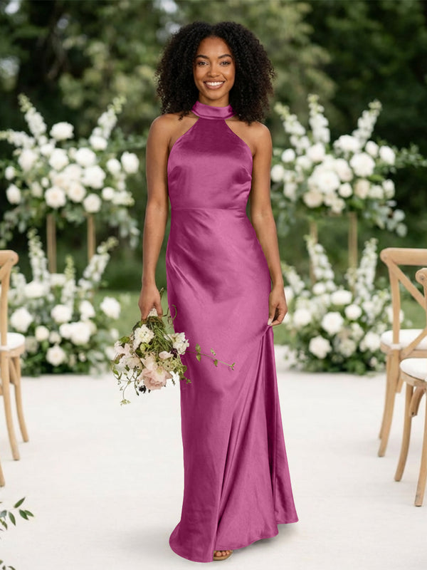 Satin Mermaid Halter Long Bridesmaid Dresses
