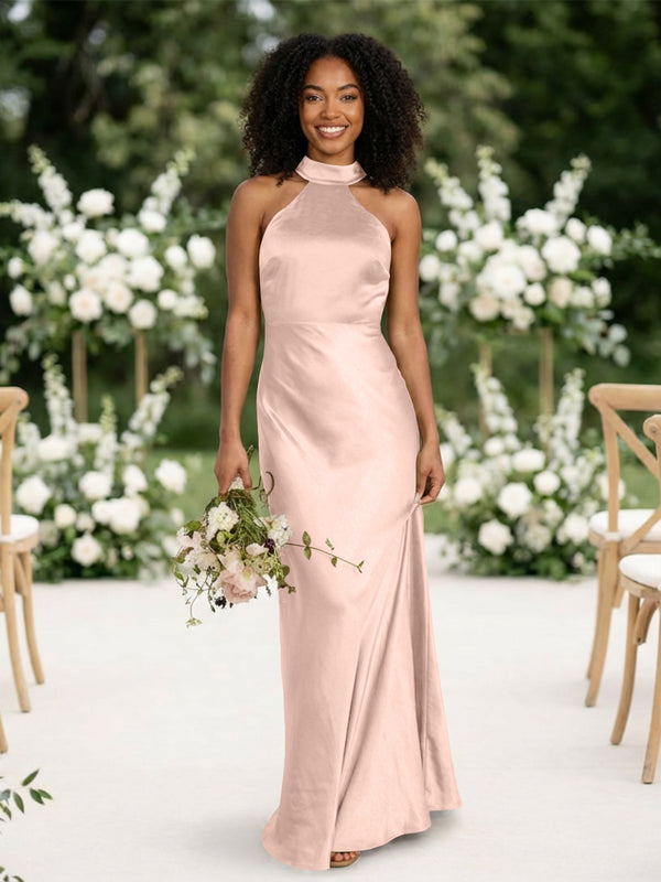 Satin Mermaid Halter Long Bridesmaid Dresses