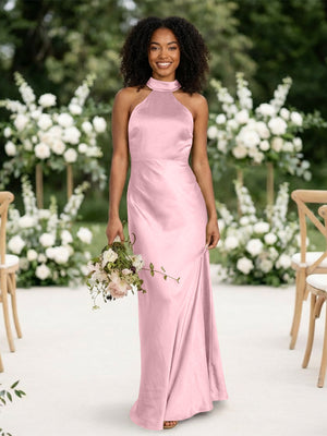 Satin Mermaid Halter Long Bridesmaid Dresses
