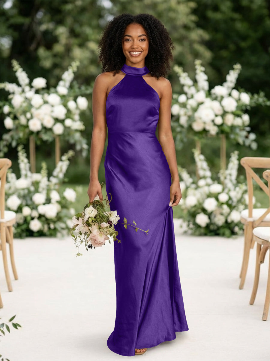 Satin Mermaid Halter Long Bridesmaid Dresses
