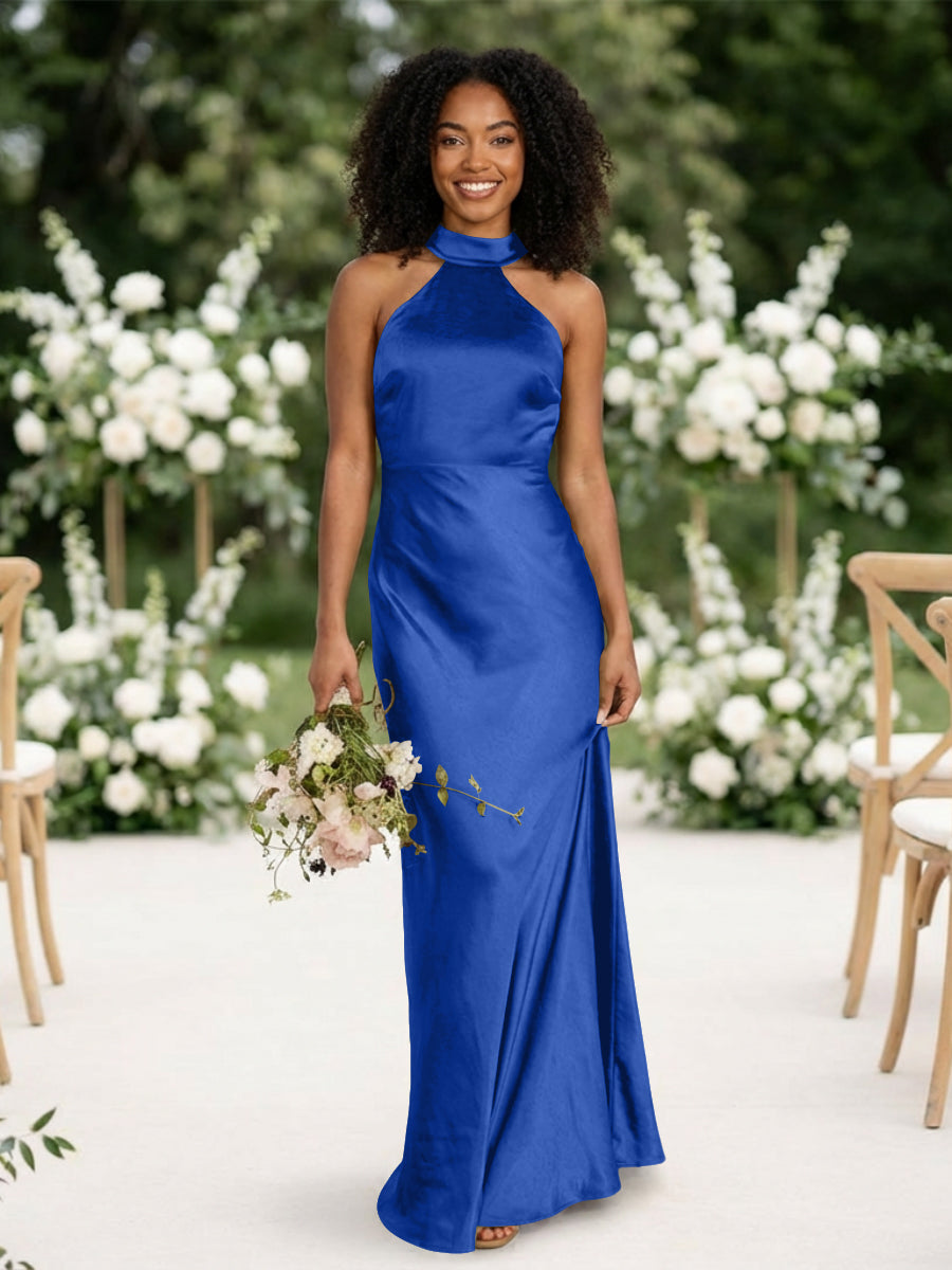 Satin Mermaid Halter Long Bridesmaid Dresses