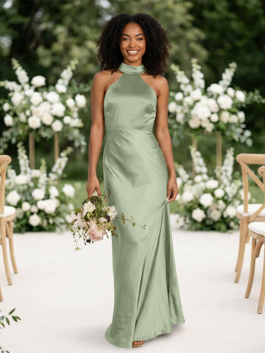 Satin Mermaid Halter Long Bridesmaid Dresses