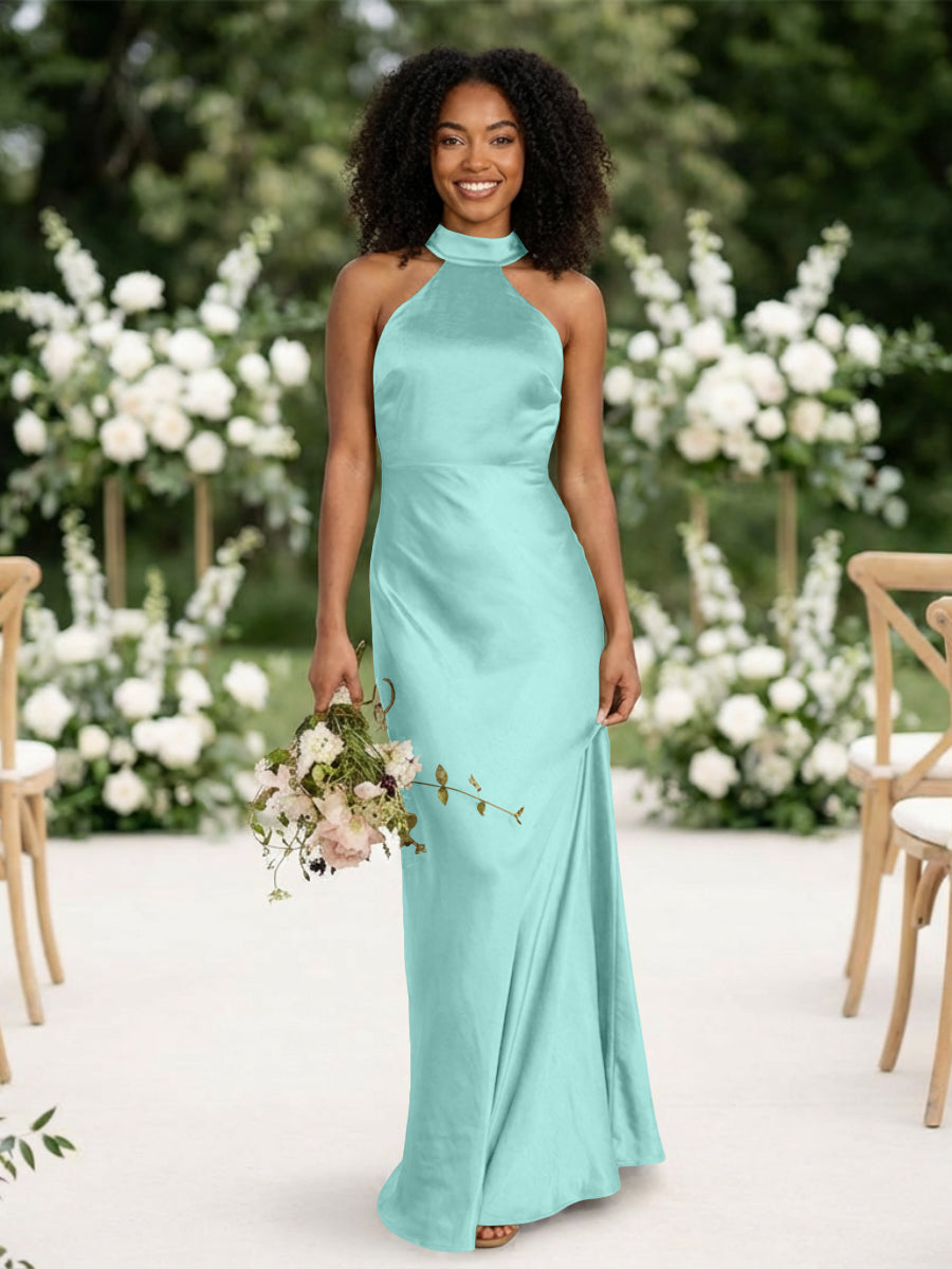Satin Mermaid Halter Long Bridesmaid Dresses