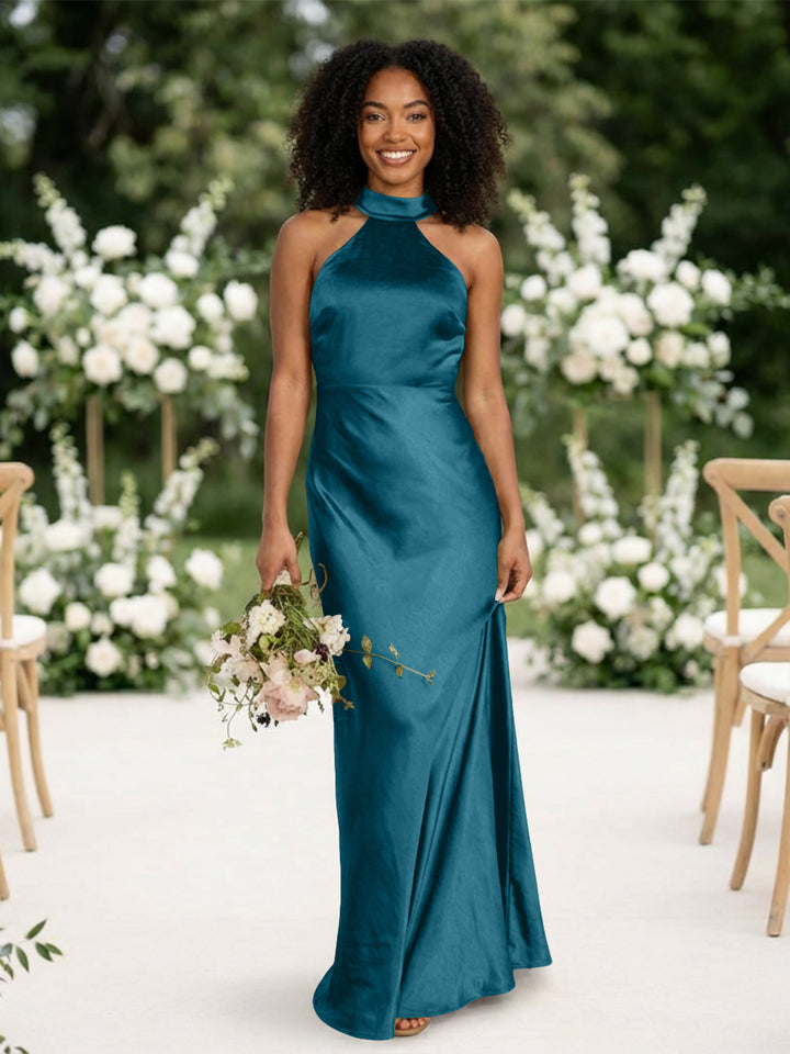 Satin Mermaid Halter Long Bridesmaid Dresses