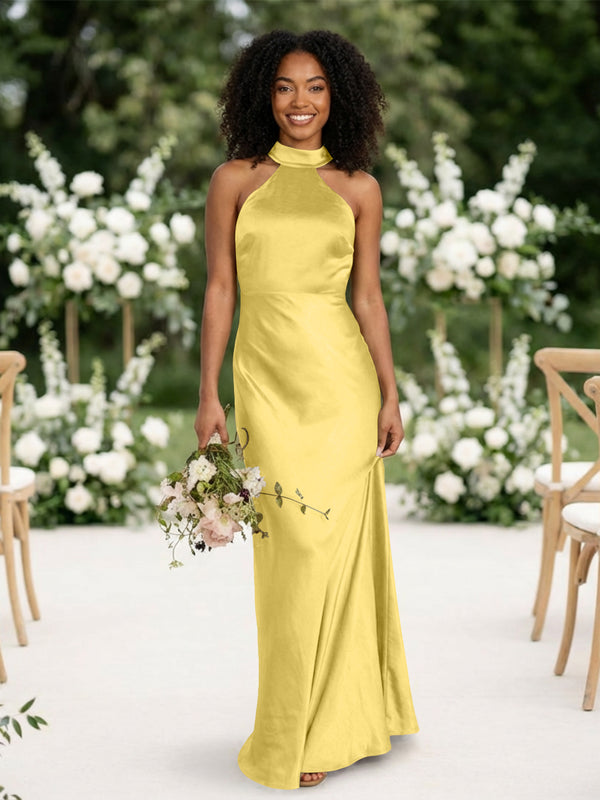 Satin Mermaid Halter Long Bridesmaid Dresses