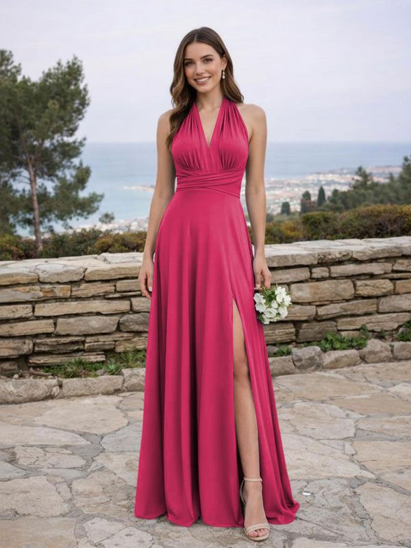 Jersey A Line V Neck Long Bridesmaid Dresses