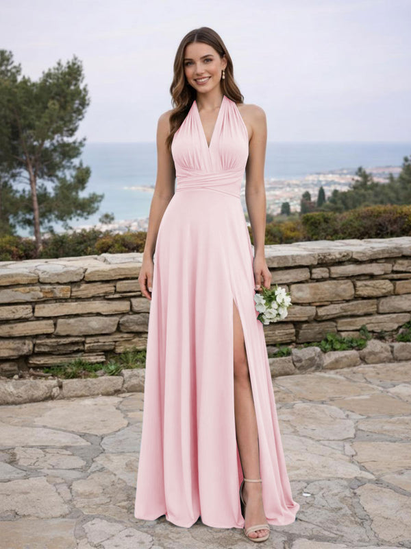 Jersey A Line V Neck Long Bridesmaid Dresses