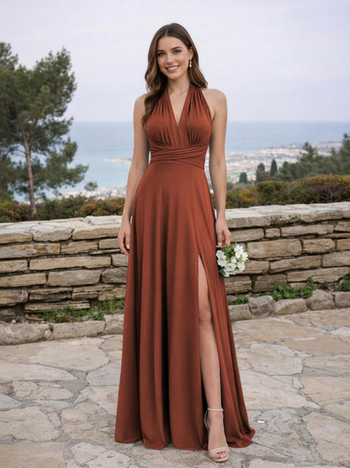 Jersey A Line V Neck Long Bridesmaid Dresses