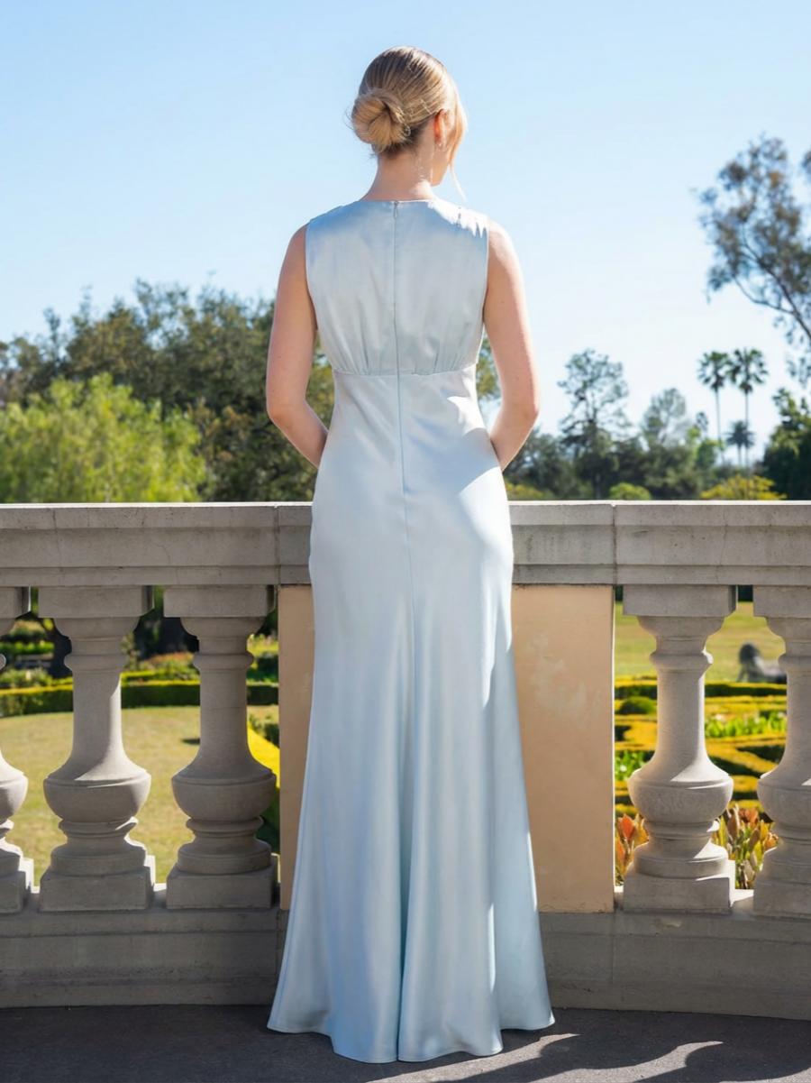 Satin Simple V Neck Long Bridesmaid Dresses