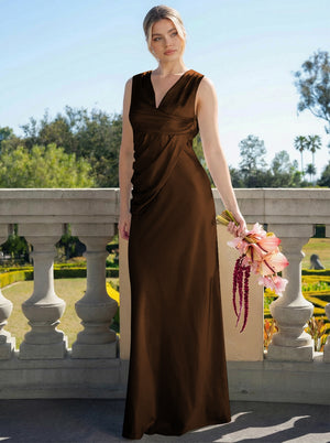 Satin Simple V Neck Long Bridesmaid Dresses