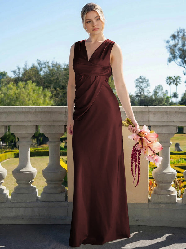 Satin Simple V Neck Long Bridesmaid Dresses