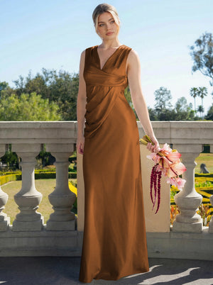 Satin Simple V Neck Long Bridesmaid Dresses