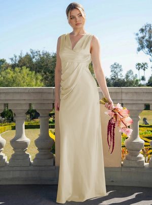 Satin Simple V Neck Long Bridesmaid Dresses