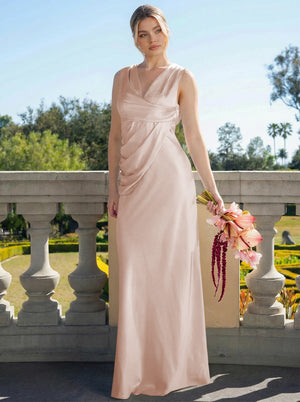 Satin Simple V Neck Long Bridesmaid Dresses