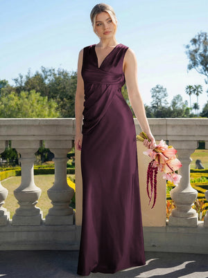Satin Simple V Neck Long Bridesmaid Dresses