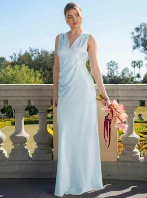 Satin Simple V Neck Long Bridesmaid Dresses