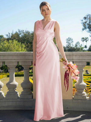 Satin Simple V Neck Long Bridesmaid Dresses