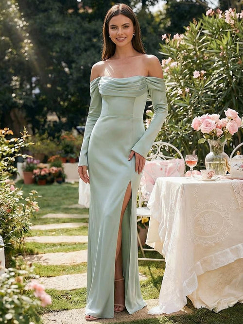 Satin Mermaid Off the Shoulder Long Wedding Guest Dresses