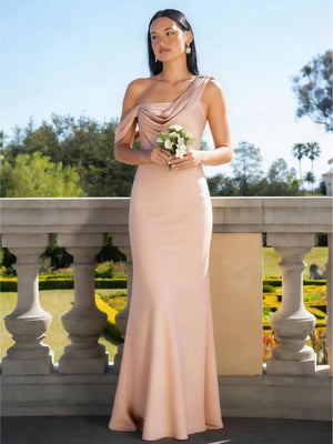 Satin Mermaid Asymmetric Neck Long Bridesmaid Dresses
