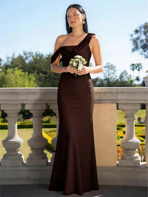 Satin Mermaid Asymmetric Neck Long Bridesmaid Dresses