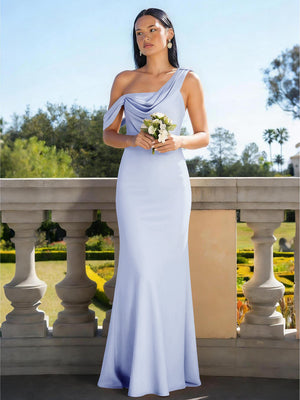 Satin Mermaid Asymmetric Neck Long Bridesmaid Dresses
