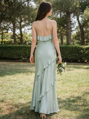 Satin A Line Spaghetti Straps Long Bridesmaid Dresses