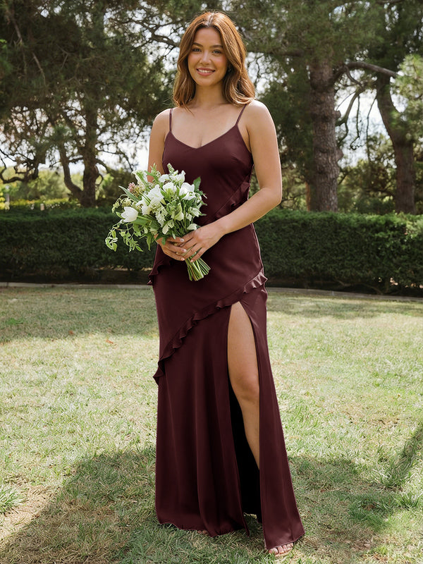 Satin A Line Spaghetti Straps Long Bridesmaid Dresses