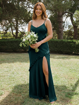 Satin A Line Spaghetti Straps Long Bridesmaid Dresses