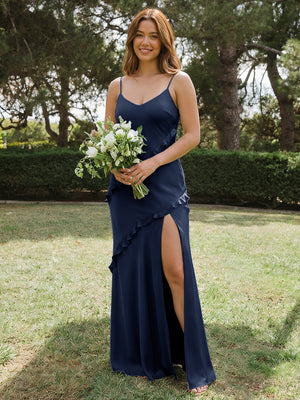 Satin A Line Spaghetti Straps Long Bridesmaid Dresses