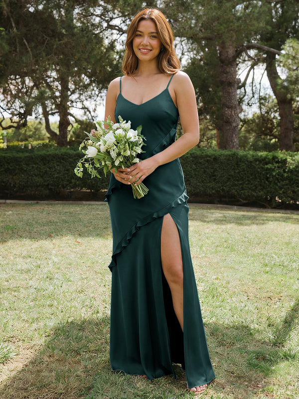 Satin A Line Spaghetti Straps Long Bridesmaid Dresses