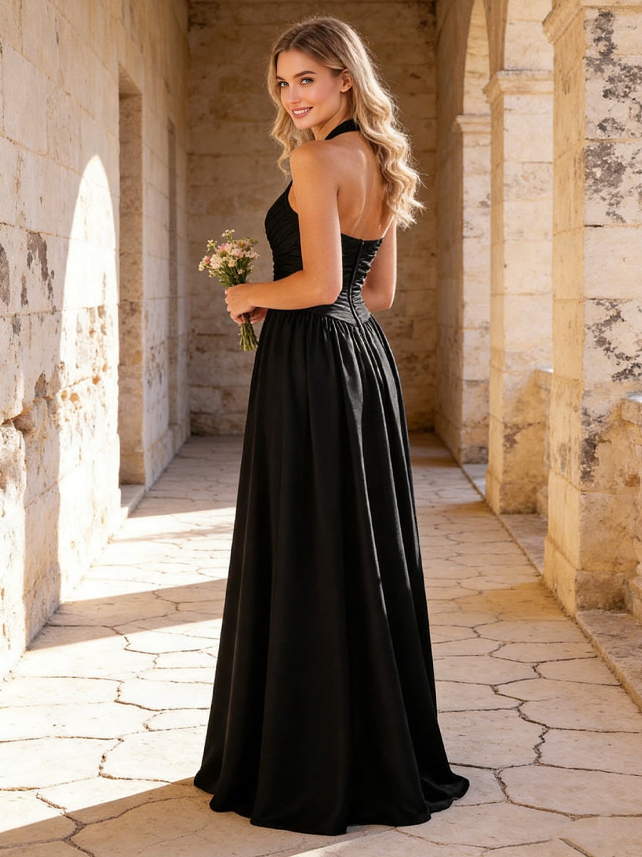 Halter Satin A Line Bridesmaid Dresses with Pleated