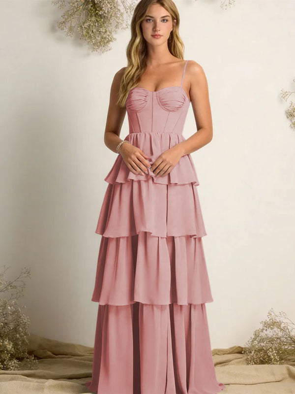 Chiffon Spaghetti Straps Layered Bridesmaid Dresses