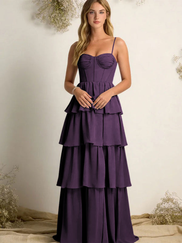 Chiffon Spaghetti Straps Layered Bridesmaid Dresses