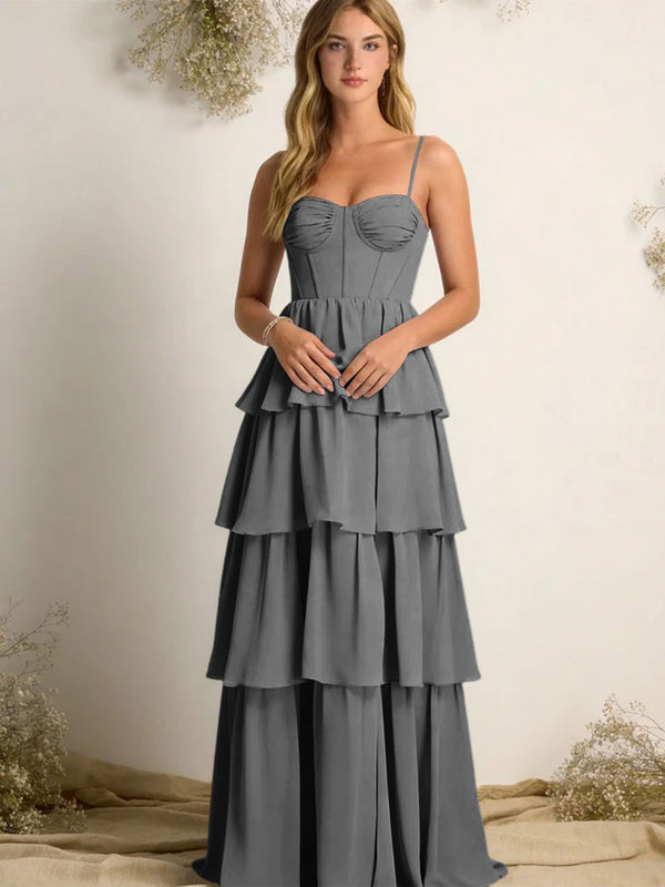 Chiffon Spaghetti Straps Layered Bridesmaid Dresses