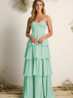 Chiffon Spaghetti Straps Layered Bridesmaid Dresses