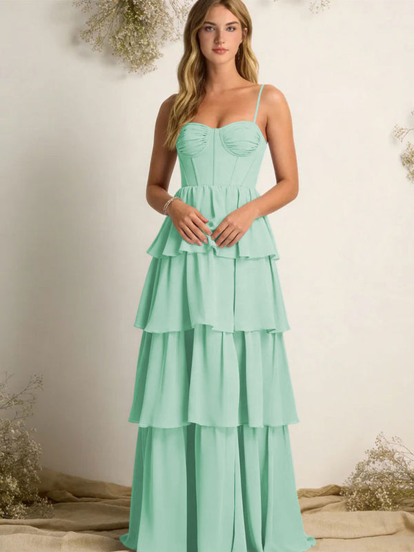 Chiffon Spaghetti Straps Layered Bridesmaid Dresses