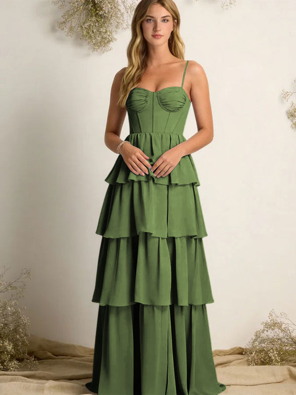 Chiffon Spaghetti Straps Layered Bridesmaid Dresses