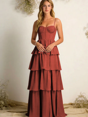 Chiffon Spaghetti Straps Layered Bridesmaid Dresses