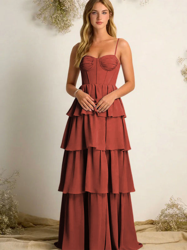Chiffon Spaghetti Straps Layered Bridesmaid Dresses