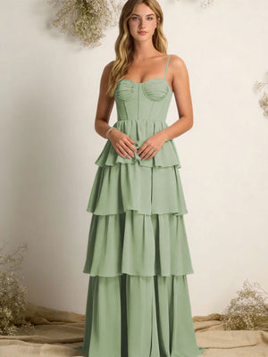 Chiffon Spaghetti Straps Layered Bridesmaid Dresses