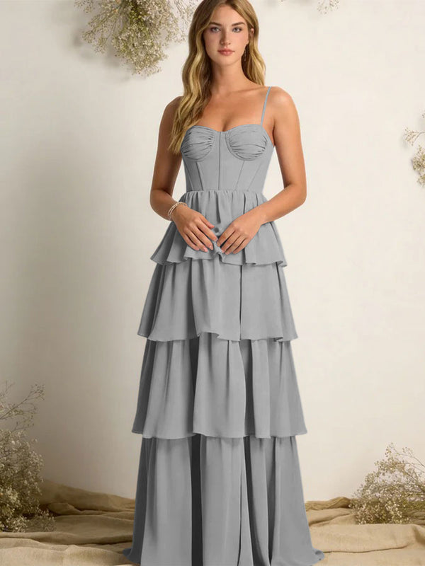 Chiffon Spaghetti Straps Layered Bridesmaid Dresses