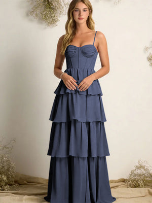 Chiffon Spaghetti Straps Layered Bridesmaid Dresses