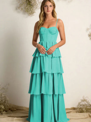 Chiffon Spaghetti Straps Layered Bridesmaid Dresses