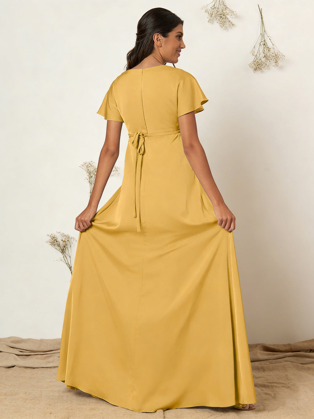 Chiffon V Neck Pleats Maxi Dresses with Sleeves